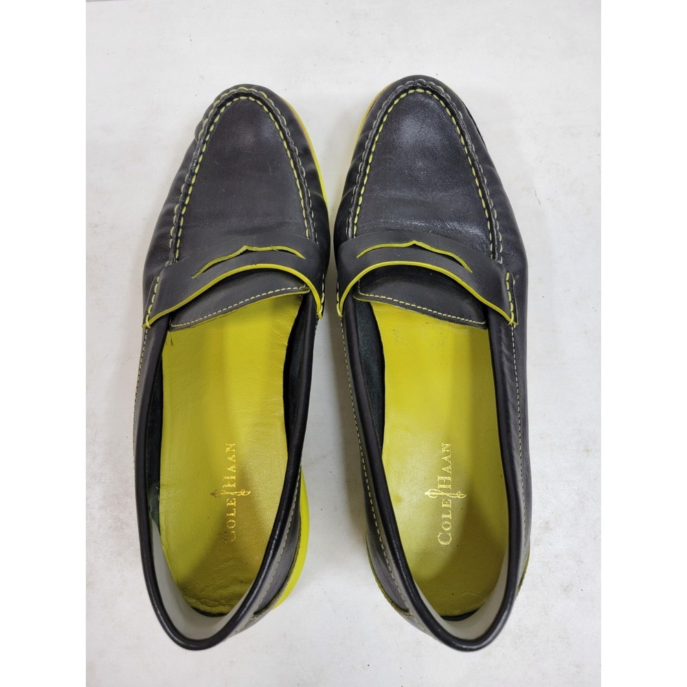 Cole Haan LunarGrand Women's Penny Loafers Black Leather Volt Yellow Size 7B - Picture 7 of 9